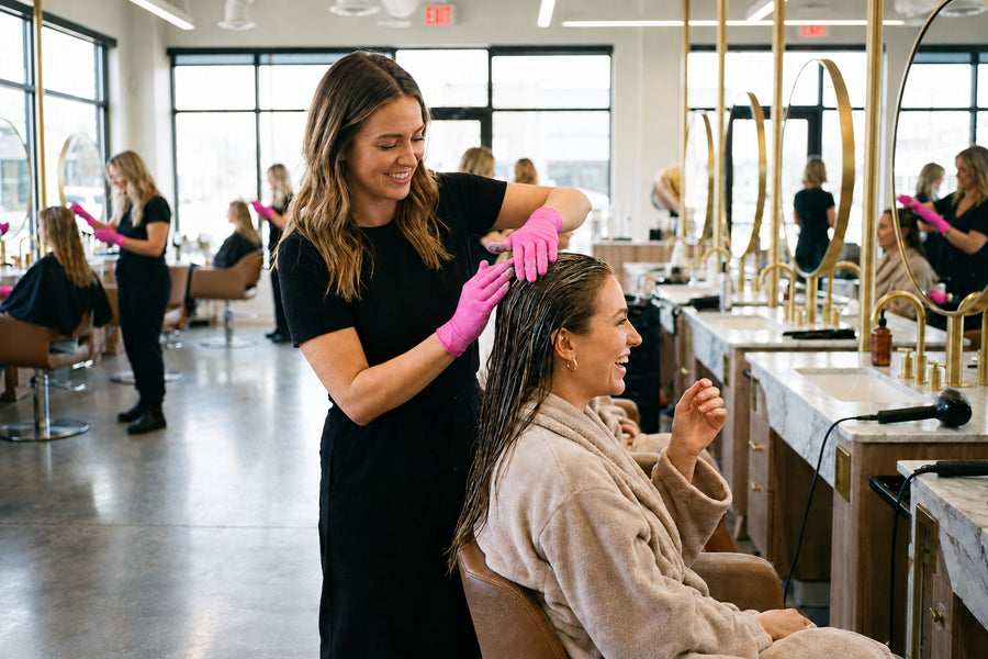 Salon technician in gloves working on a client’s nails