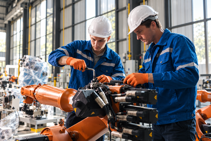 Worker in gloves handling parts on a production line