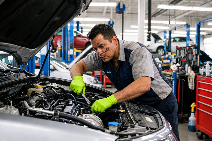 Mechanic in gloves working under the bonnet of a car