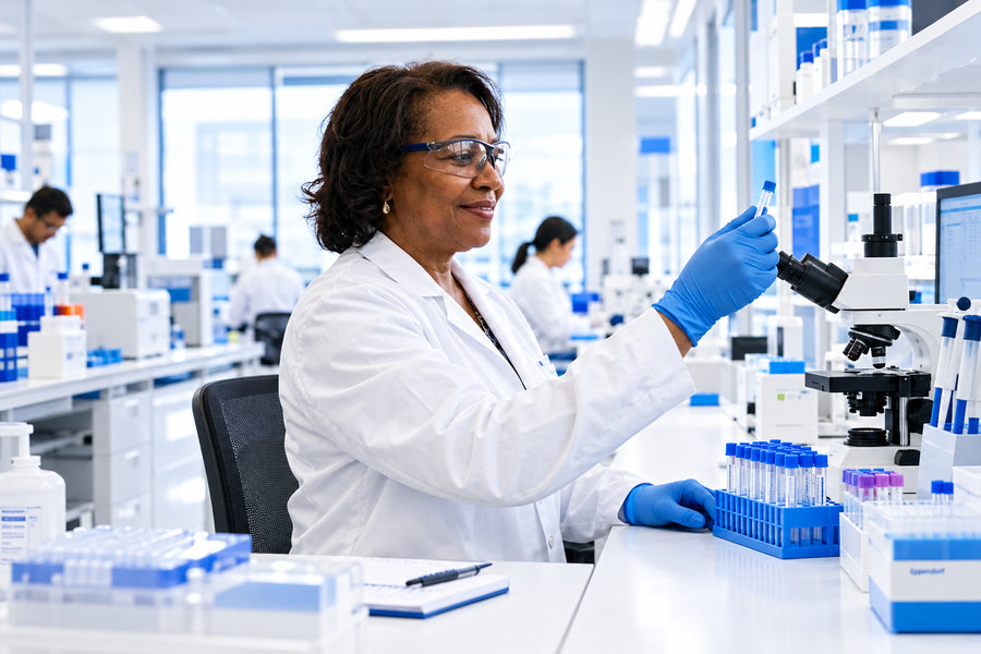 Researcher in gloves pipetting a sample into a rack of vials
