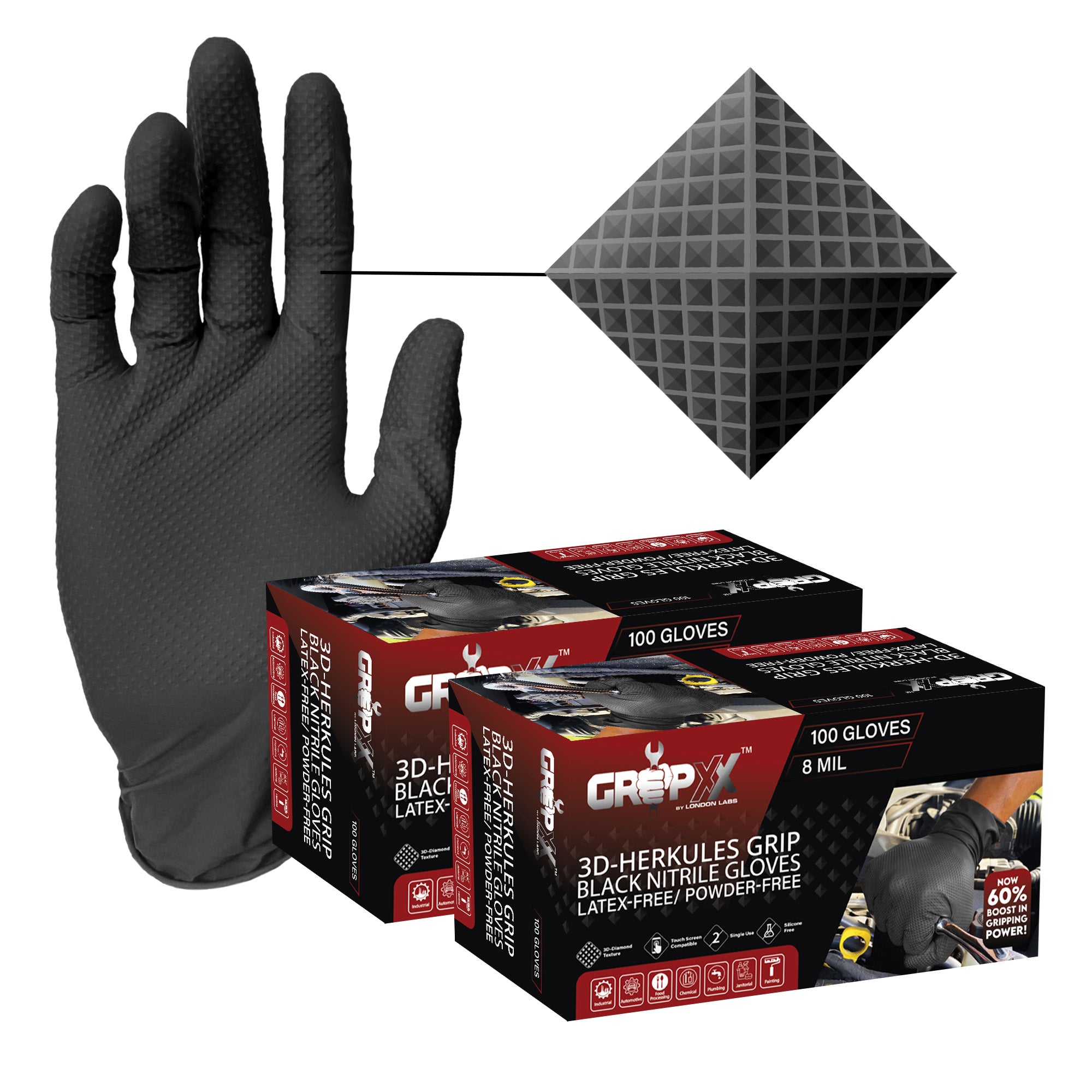 GRIPXX 8 Mil Black Nitrile Gloves – 3D Raised Diamond