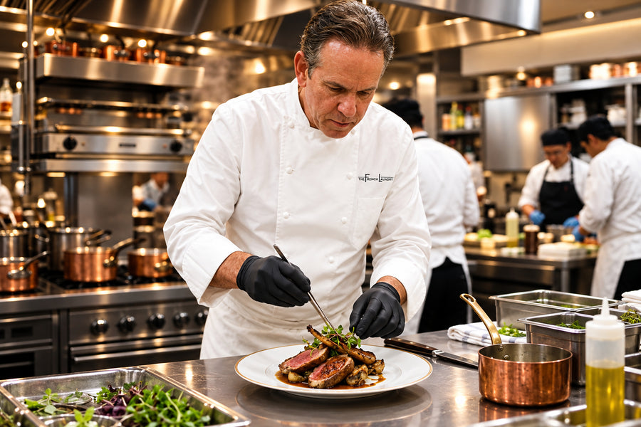 Chef in blue gloves plating a dish in a professional kitchen