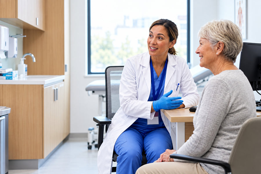 Dental clinician in blue nitrile gloves treating a patient