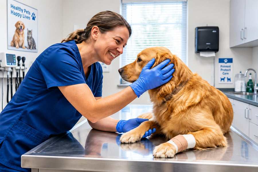 Vet in blue gloves examining a cat on a table