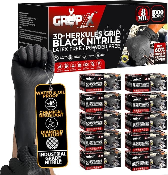 GRIPXX 8 Mil Black Nitrile Gloves – Heavy Duty, 3D Raised Diamond Texture Grip – Industrial Mechanic, Food Grade – Disposable Nitrile Gloves GRIPXX 1000 Count Small 