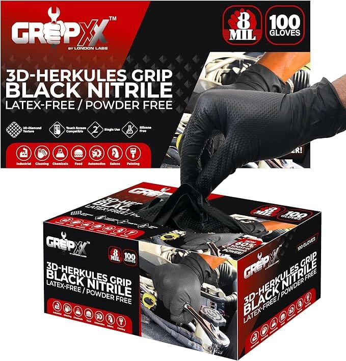 GRIPXX Mil Black Nitrile Gloves – 3D Raised Diamond Texture