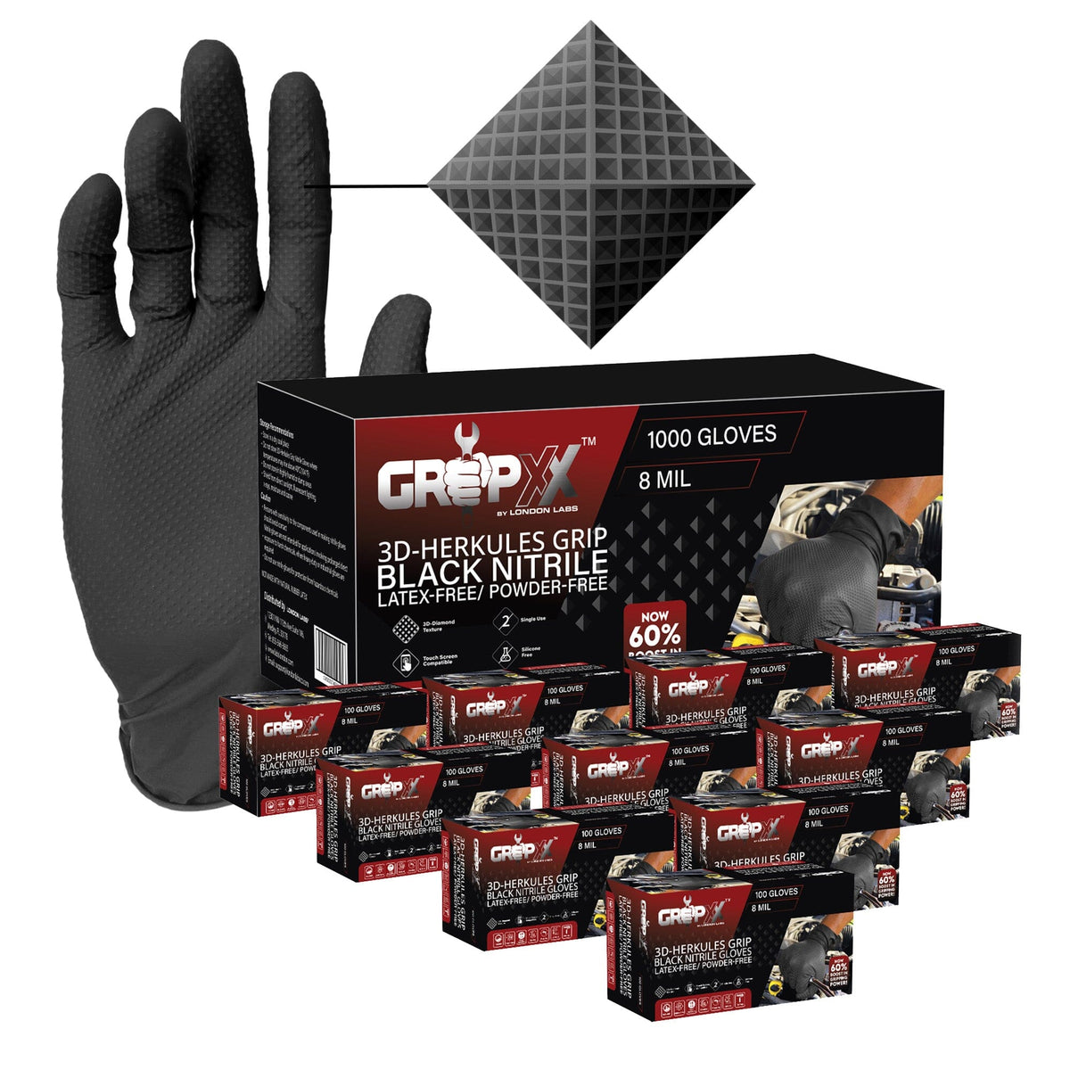 Diamond Gloves Heavy Duty Industrial Black Nitrile Gloves – 8-mil, Raised Diamond Texture Grip