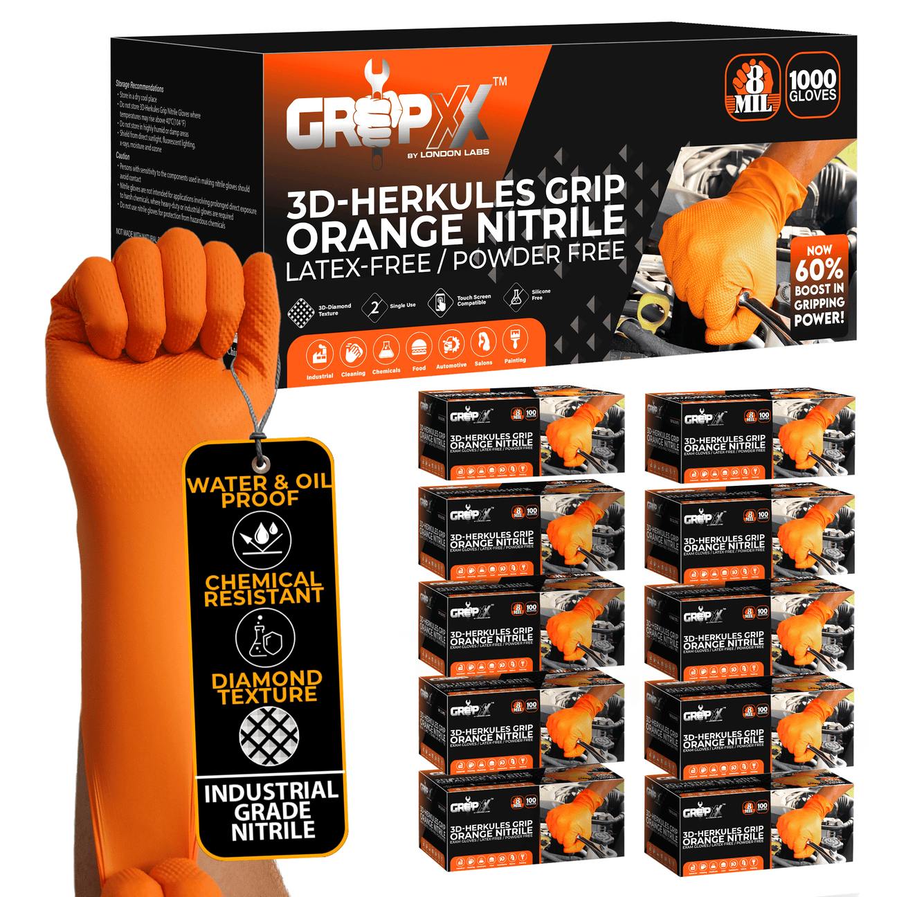 ICOMIC COLOR GRIP オレンジ 10本セット GRIPXX 8 Mil Orange Nitrile Gloves – 3D Raised Diamond Texture