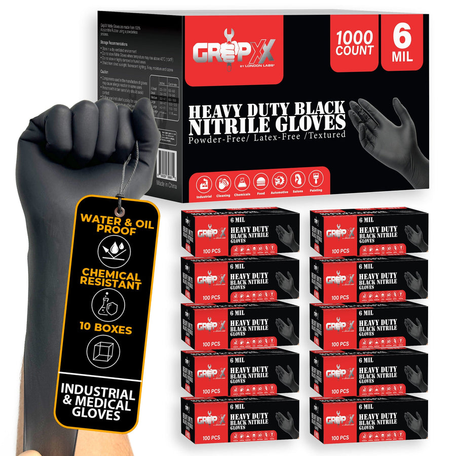 Heavy Duty Industrial Black Nitrile Gloves (6 Mil) - 100, 200, 1000 Count & B2B Pallet Nitrile Gloves London Labs 