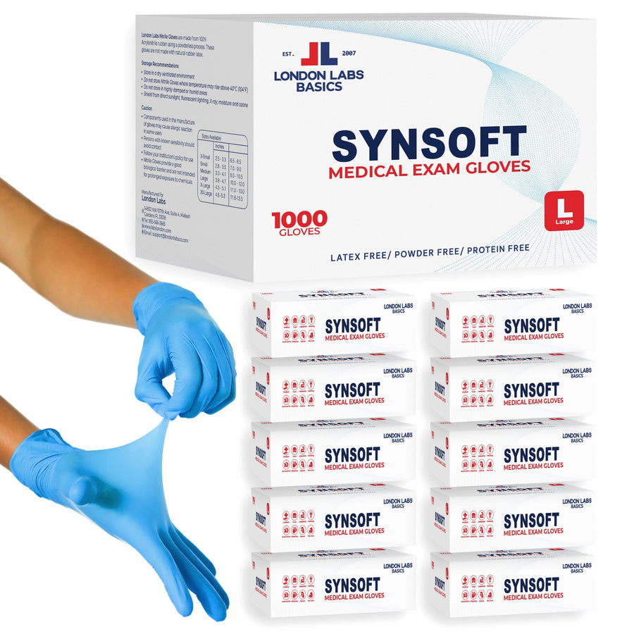 London Labs Basics Synsoft Blue Medical Exam Gloves – Research, Testing & Laboratory Applications, Powder-Free Disposable Gloves Nitrile Gloves London Labs 1000 