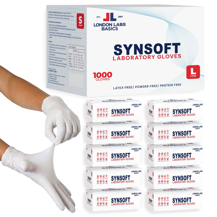 London Labs Basics Synsoft White Plastic Laboratory Gloves – Research, Testing & Laboratory Applications, Powder-Free Disposable Gloves Nitrile Gloves London Labs 1000 