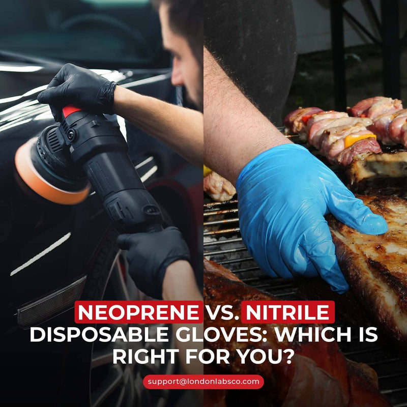 A neoprene glove and a nitrile glove compared side by side