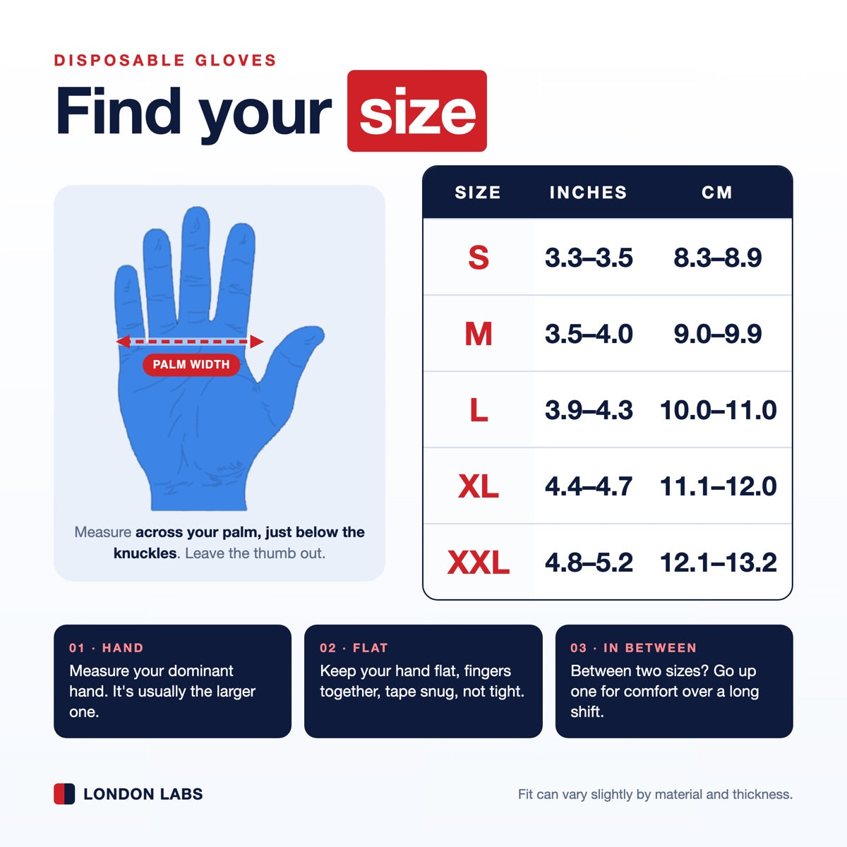 Glove size guide. Measure across your palm just below the knuckles, leaving out the thumb. Small: 3.3 to 3.5 inches (8.3 to 8.9 cm). Medium: 3.5 to 4.0 inches (9.0 to 9.9 cm). Large: 3.9 to 4.3 inches (10.0 to 11.0 cm). X-Large: 4.4 to 4.7 inches (11.1 to 12.0 cm). XX-Large: 4.8 to 5.2 inches (12.1 to 13.2 cm). Between sizes, go up one.