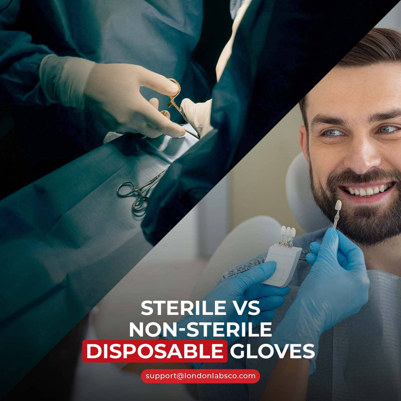 A sealed sterile glove pouch beside an open box of non-sterile gloves