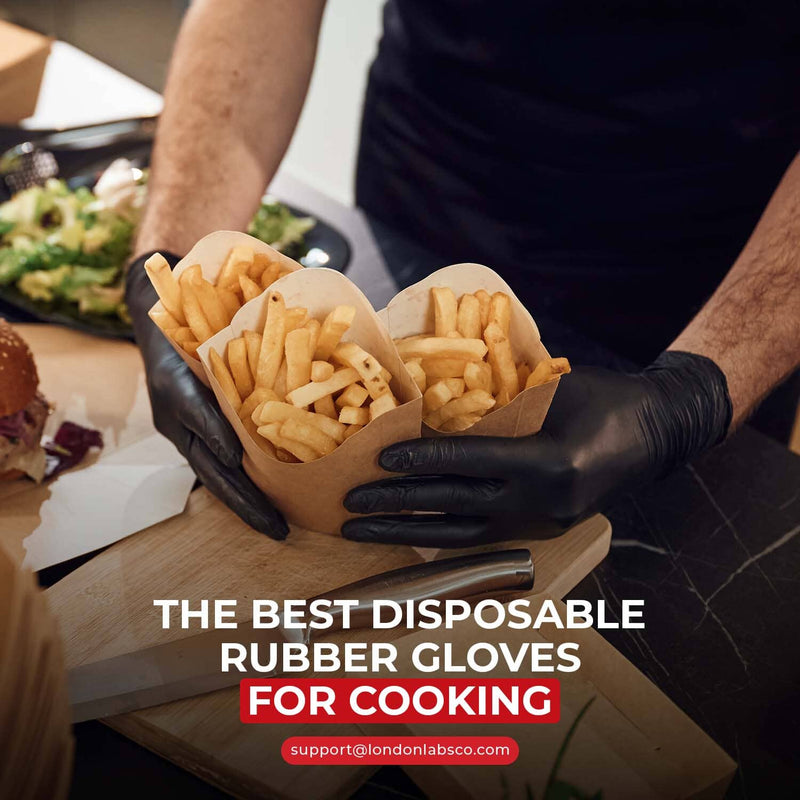 Gloved hands preparing food on a kitchen bench